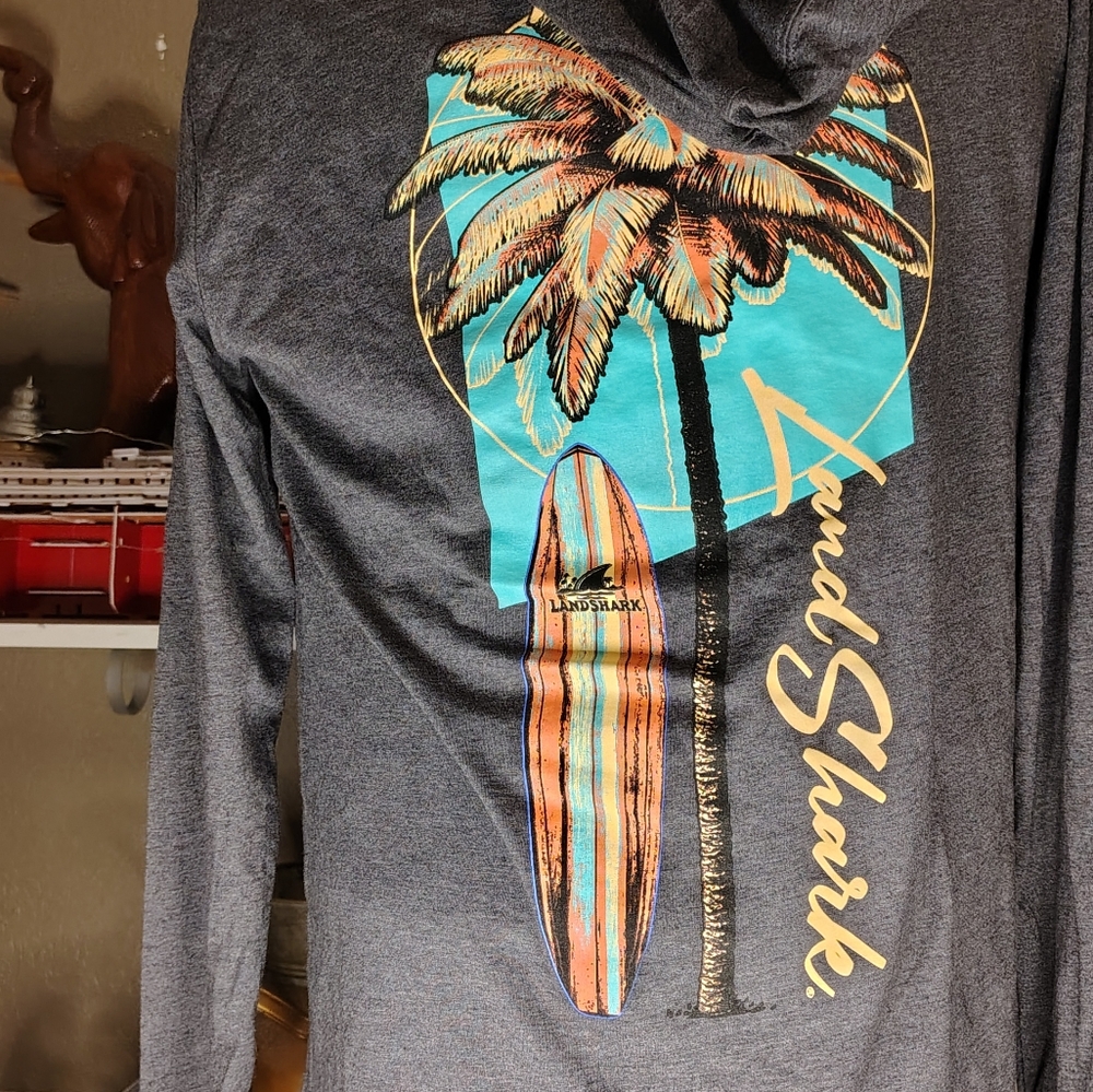 Margaritaville Land Shark Long Sleeve T-Shirt hood - Palm Tree Design Men's L - Picture 4 of 6